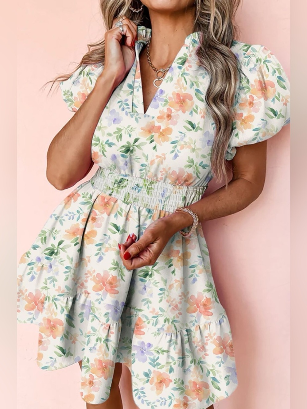 Frill Notched Puff Sleeve Dress